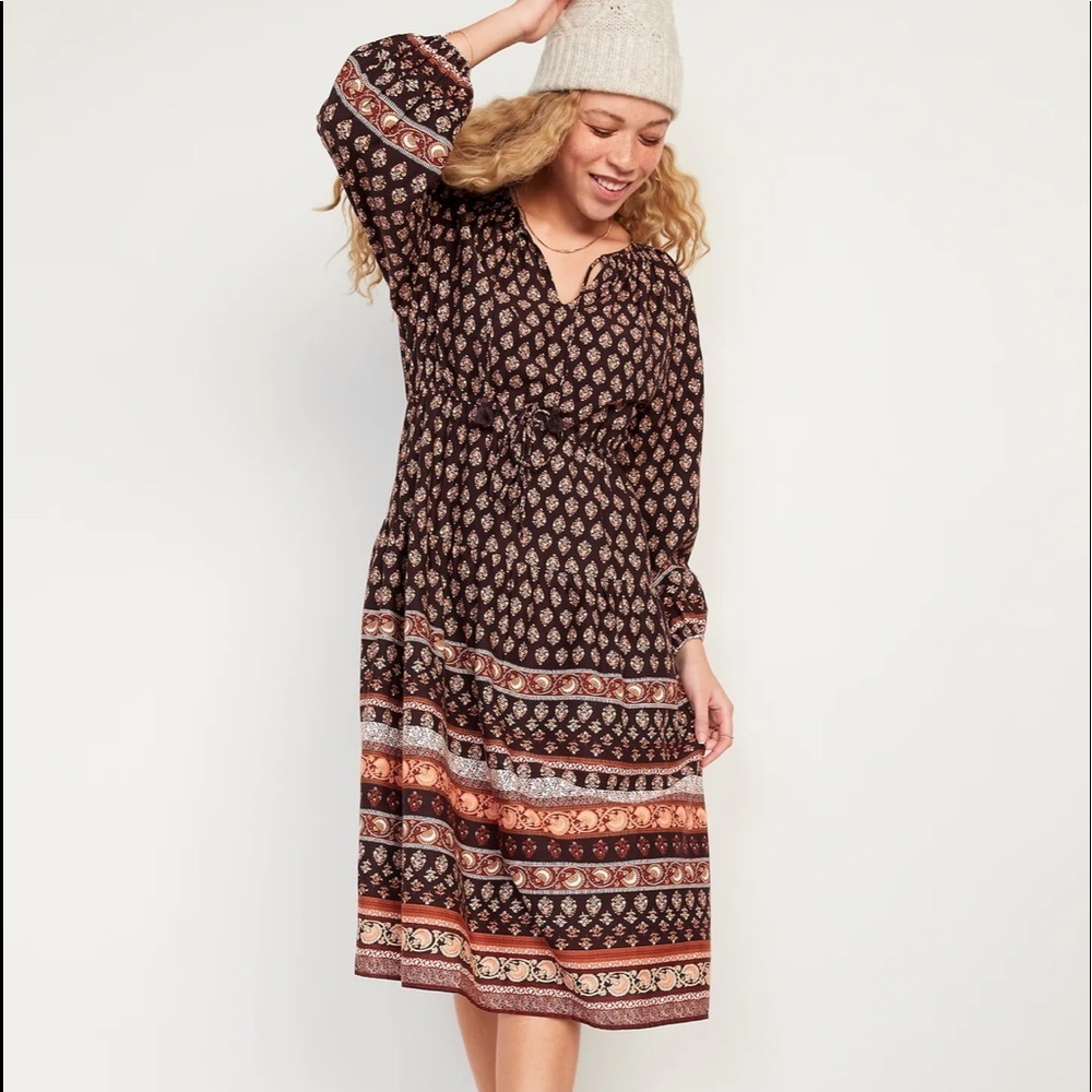Old‎ navy new Long-Sleeve Waist-Defined Tiered Poet Midi Dress for Women Tall